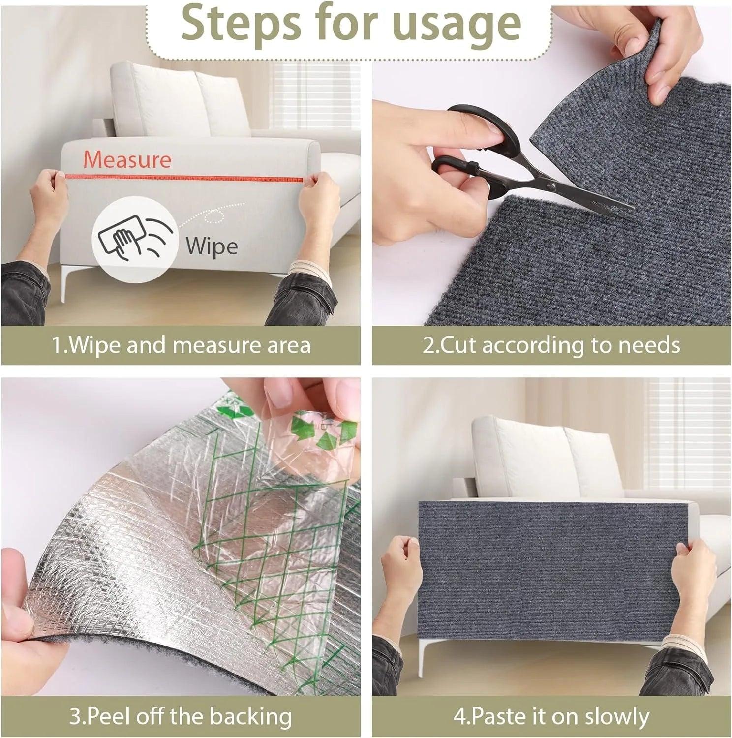 Cat scratch furniture protector, cuttable self-adhesive carpet pad instead of cat tree shelf