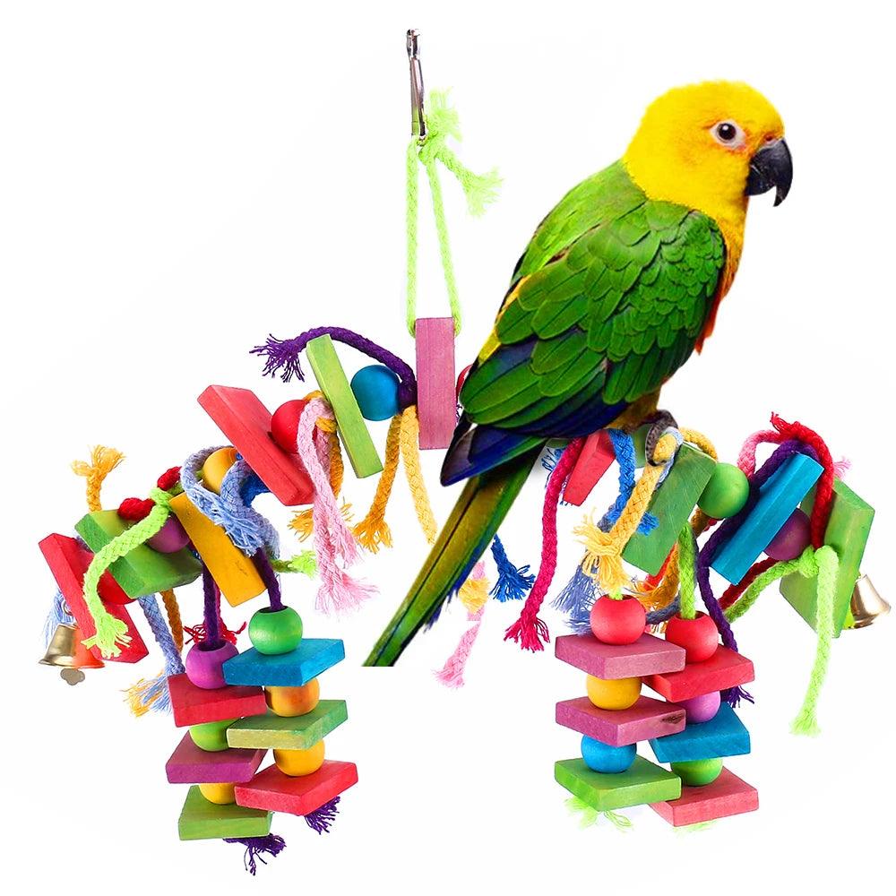 Parrot Chew Toy Multicolored Wooden Cotton Rope Birds Toy Bite Bridge Parrot Foraging Tearing Cockatiels Training Hang Swings