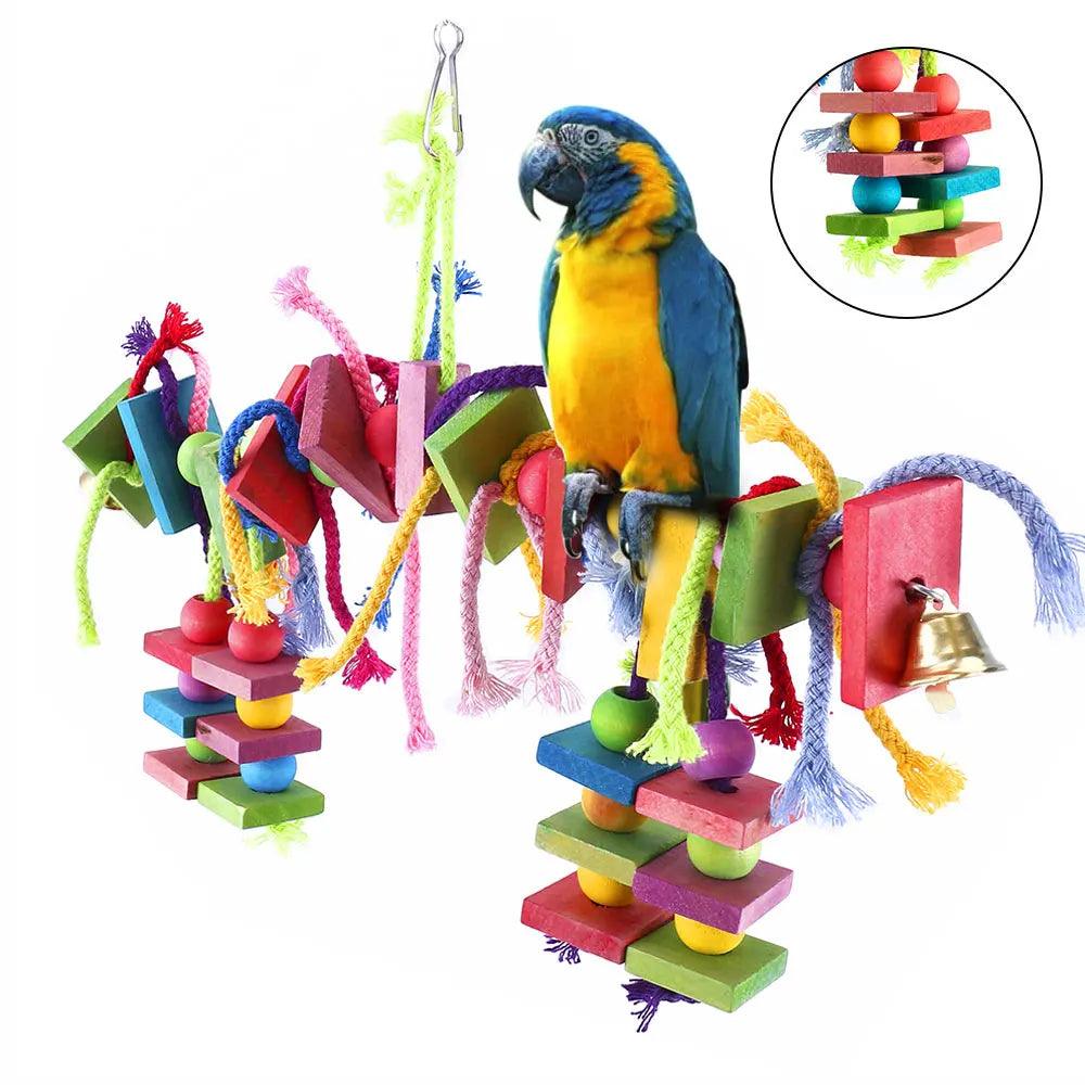 Parrot Chew Toy Multicolored Wooden Cotton Rope Birds Toy Bite Bridge Parrot Foraging Tearing Cockatiels Training Hang Swings